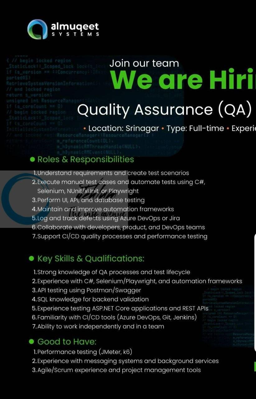 Almuqeet Systems srinagar QA engineers job opportunities 2026