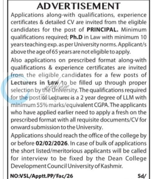 Vitasta School of Law Srinagar teaching job opportunities 2026