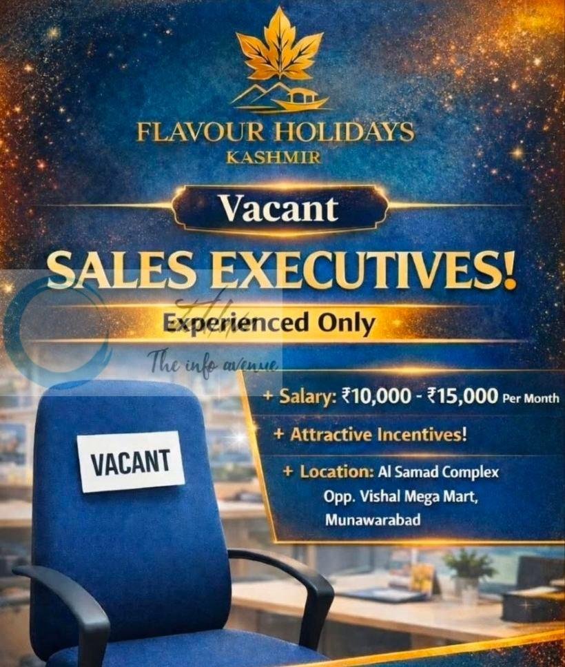 Flavour Holidays srinagar sales executive job opportunities 2026