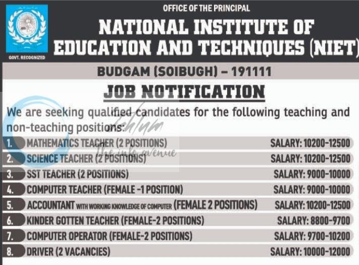 National Institute of Education and Techniques NIET Budgam teaching job opportunities 2026