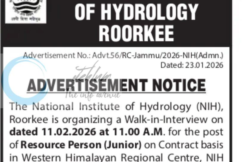 National Institute of Hydrology NIH Roorkee Resource Person employment opportunities walk in notice 56/RC-Jammu/2026-NIH/Admn