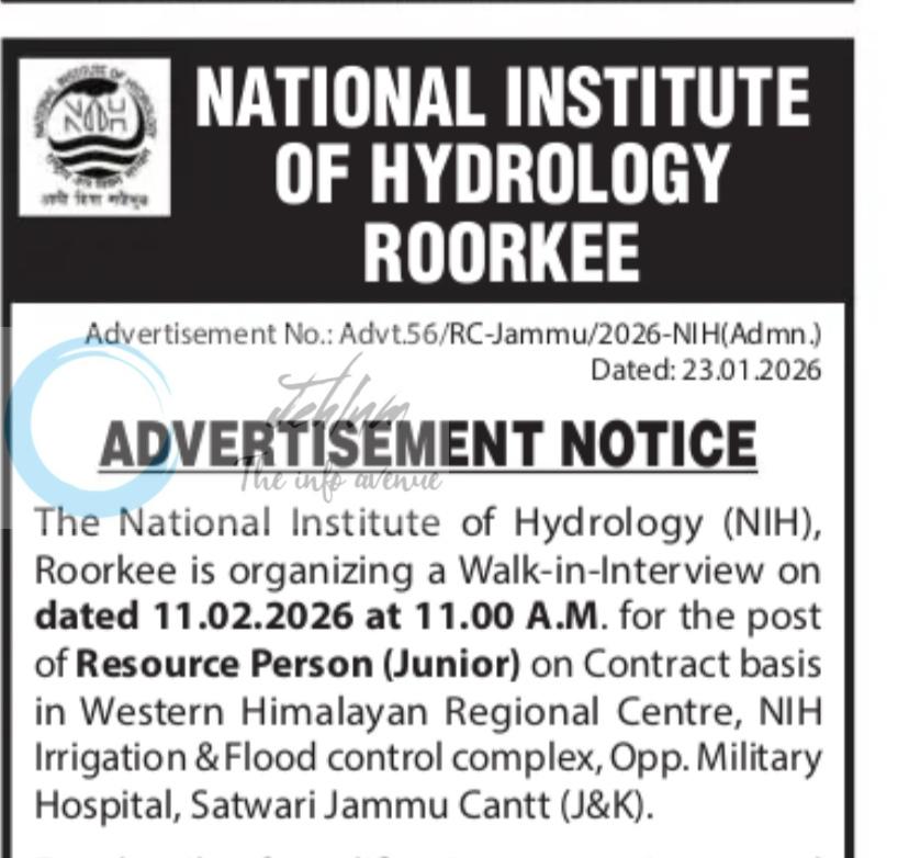 National Institute of Hydrology NIH Roorkee Resource Person employment opportunities walk in notice 56/RC-Jammu/2026-NIH/Admn
