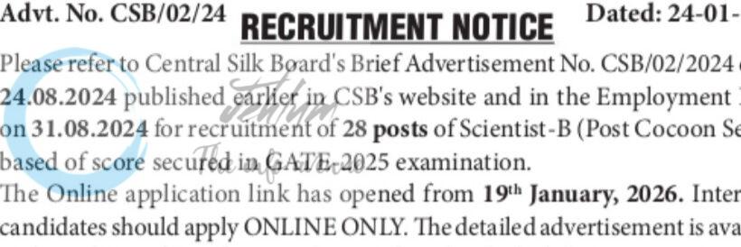Central Silk Board Post Cocoon Sector Scientist-B employment opportunities 2026