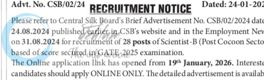 Central Silk Board Post Cocoon Sector Scientist-B employment opportunities 2026 1 Central Silk Board Post Cocoon Sector Scientist-B employment opportunities 2026