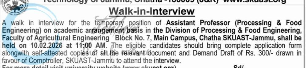 SKUAST-Jammu Division of Processing and Food Engineering Faculty of Agricultural Engineering AP opportunities Walk-in-Interview 2026