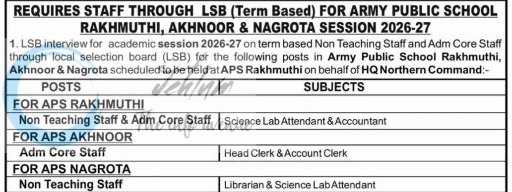 Army Public School APS JAMMU Non-Teaching and Administrative Core Staff job opportunities 2026