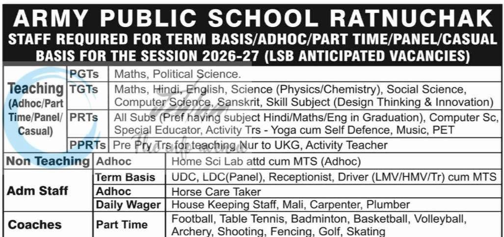 Army Public School Ratnuchak teaching job opportunities 2026