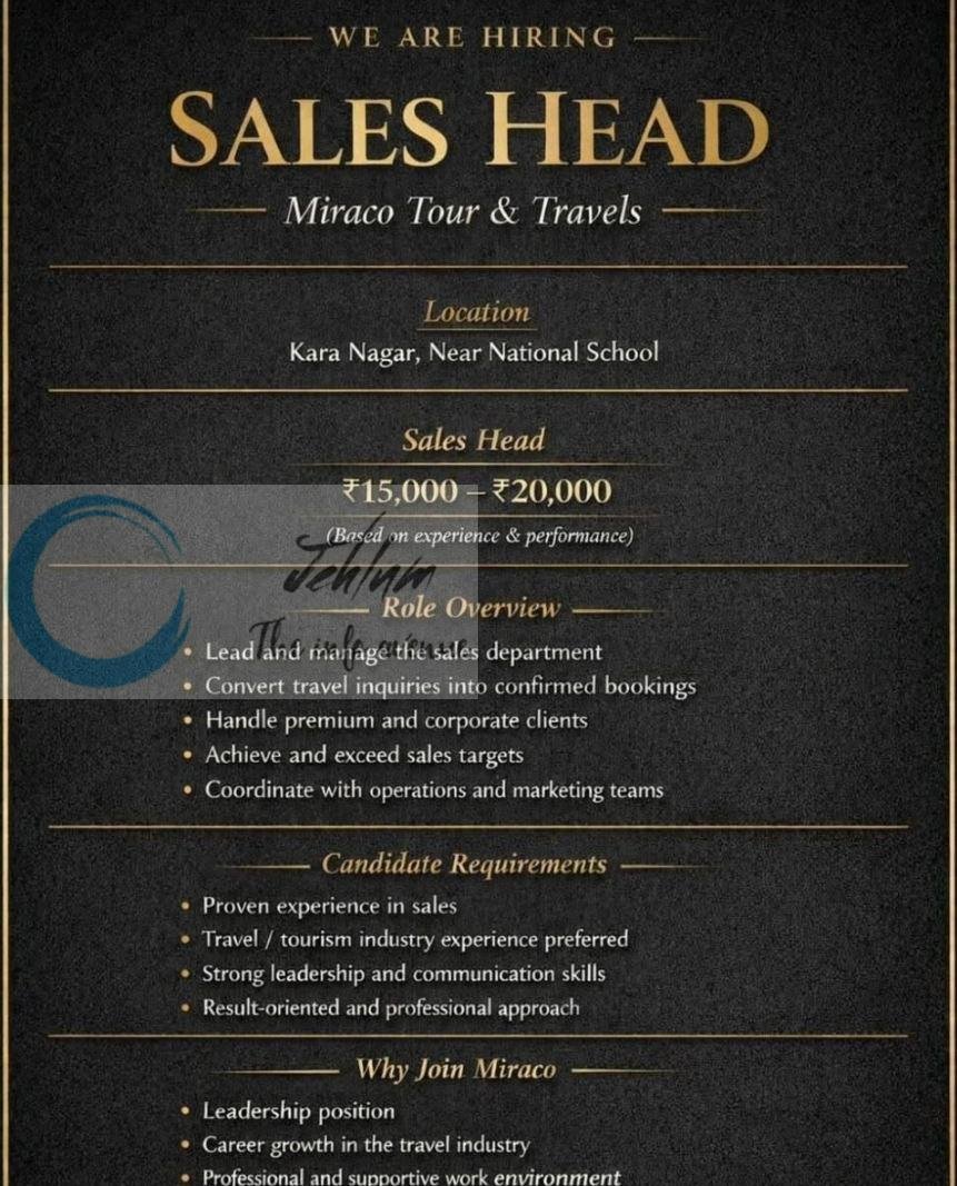 Miraco Tour and Travels Sales Head Job opportunities 2026