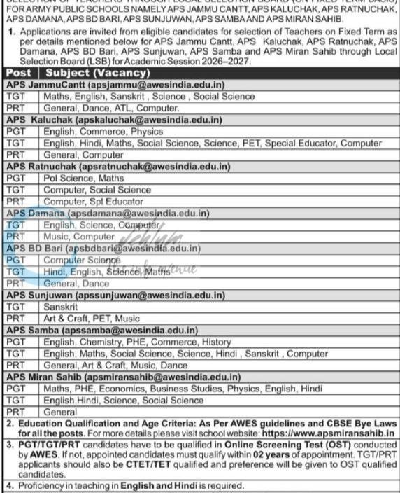 Army Public School jammu teaching job opportunities 2026