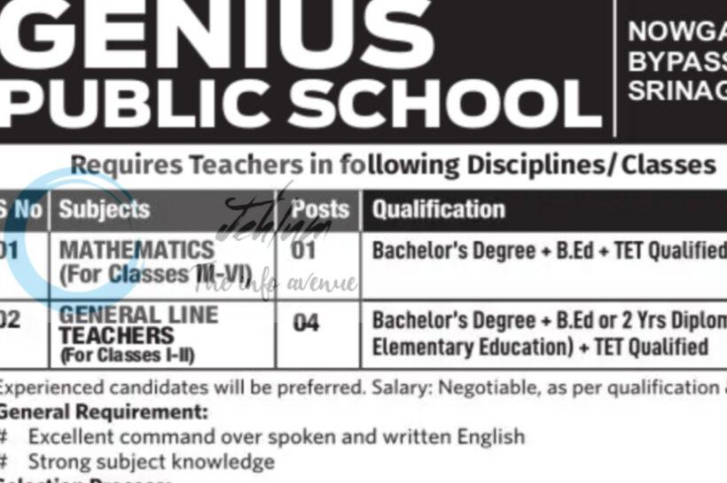 Genius Public School Srinagar teaching job opportunities 2026