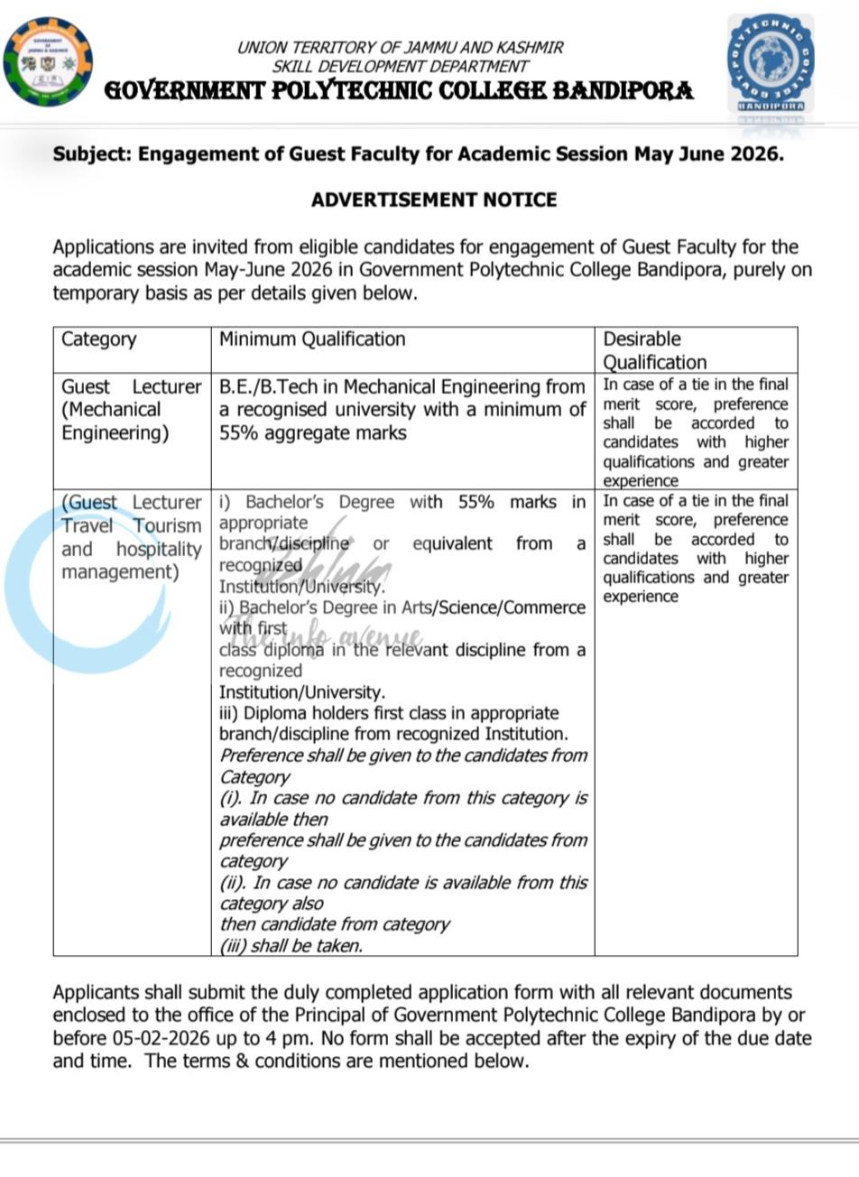 Government Polytechnic College Bandipora guest faculty employment opportunities GPC-Bpr/Estt/2025-26/677-79