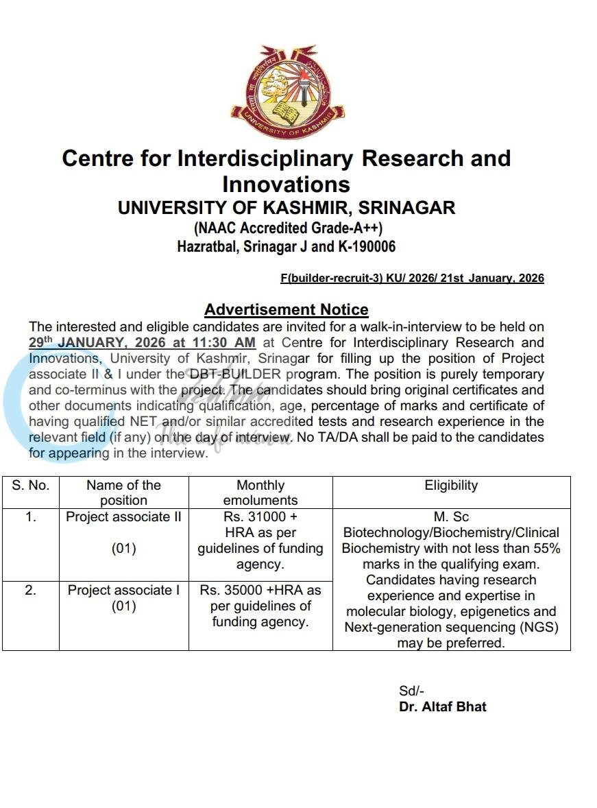 Kashmir University KU Centre for Interdisciplinary Research and Innovations research employment opportunities notice F/builder-recruit-3/KU/2026/