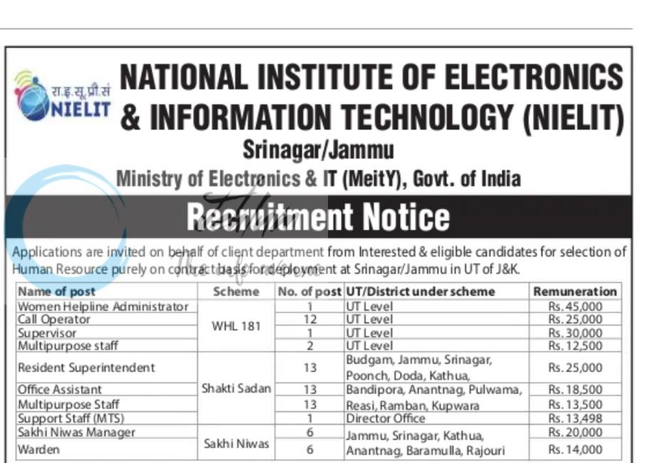 National Institute of Electronics and Information Technology NIELIT srinagar employment opportunities notice 7/1/08/NIELI/S/J/R/04
