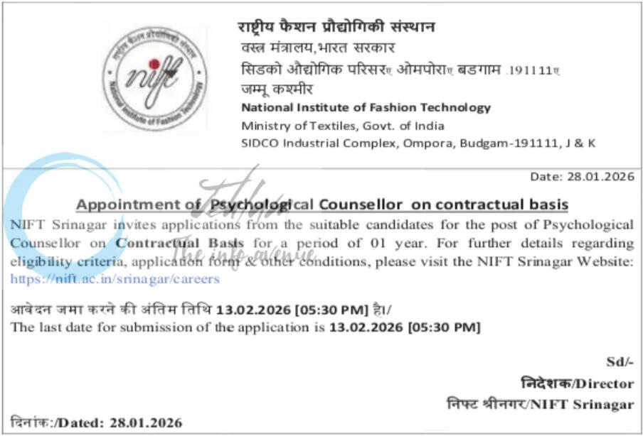 National Institute of Fashion Technology NIFT Psychological Counsellor job opportunities 2026