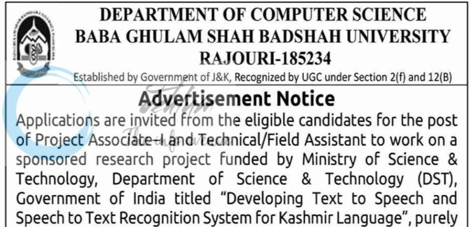 BGSBU RAJOURI Department of Computer Science Project Associate-I/Technical/Field Assistant employment opportunities 2026