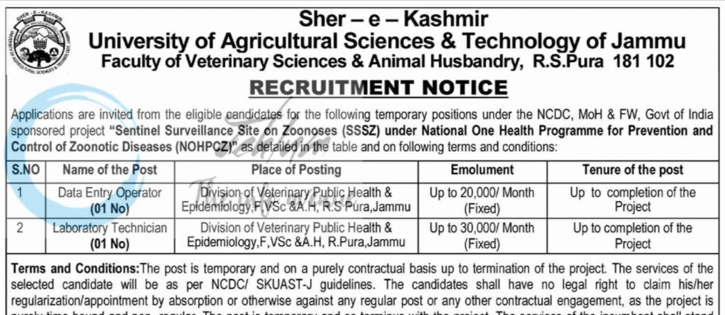 SKUAST Jammu Recruitment 2026 for Data Entry Operator and Laboratory Technician