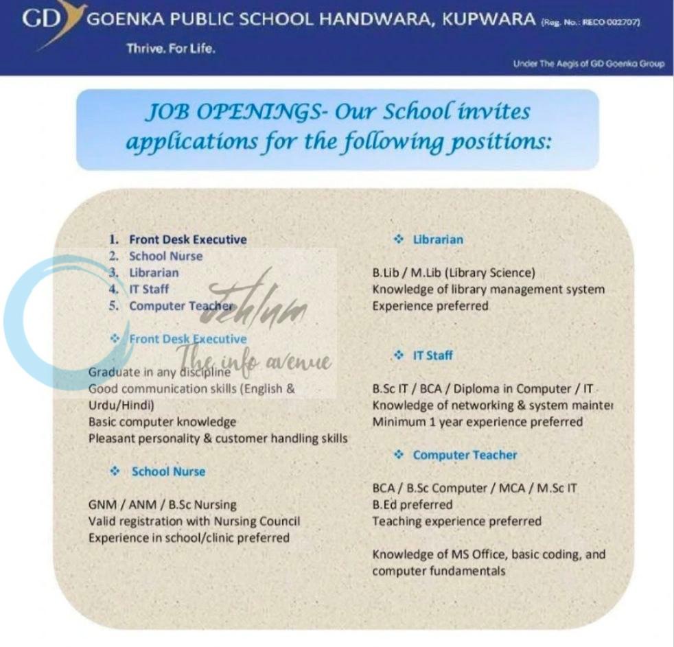 GD Goenka Public School Handwara teaching job opportunities 2026