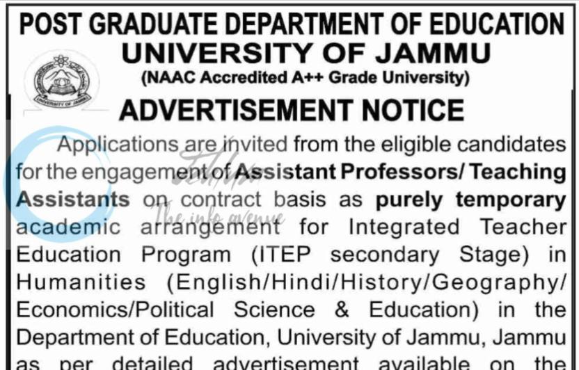 University of Jammu Post Graduate Department of Education Assistant Professors Teaching Assistants Advertisement Notice 2026