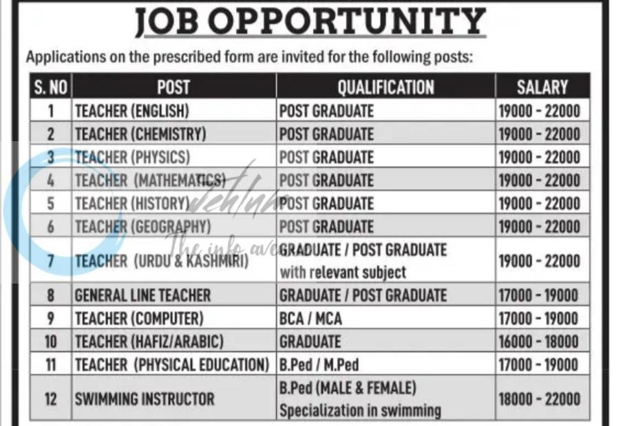 JK Public School humhama teaching job opportunities 2026