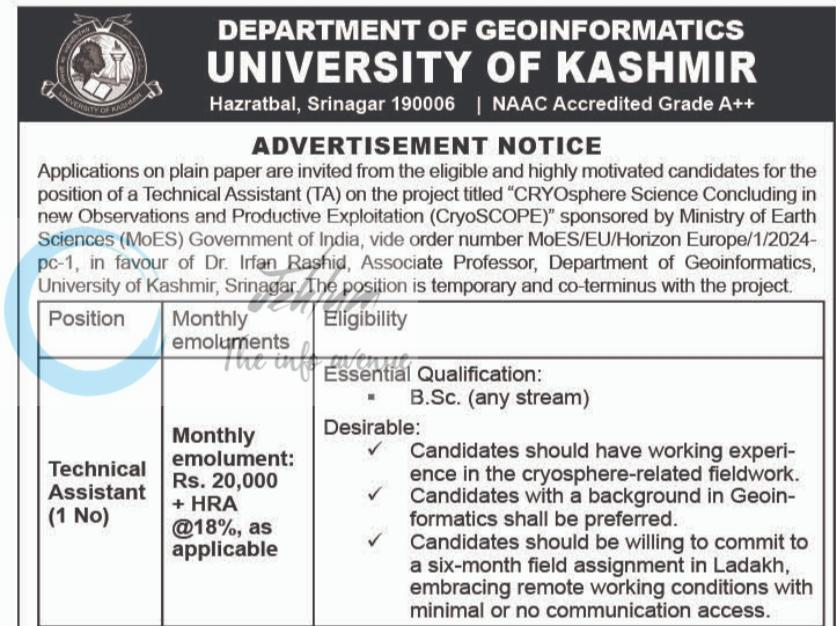 Kashmir University KU Department of Geoinformatics Technical Assistant job opportunities 2026