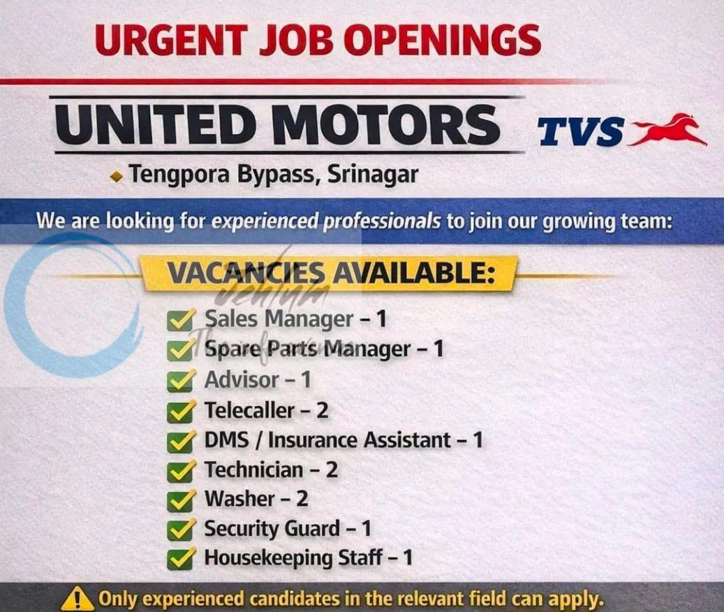 United Motors TVS Srinagar office staff job opportunities walk in 2026