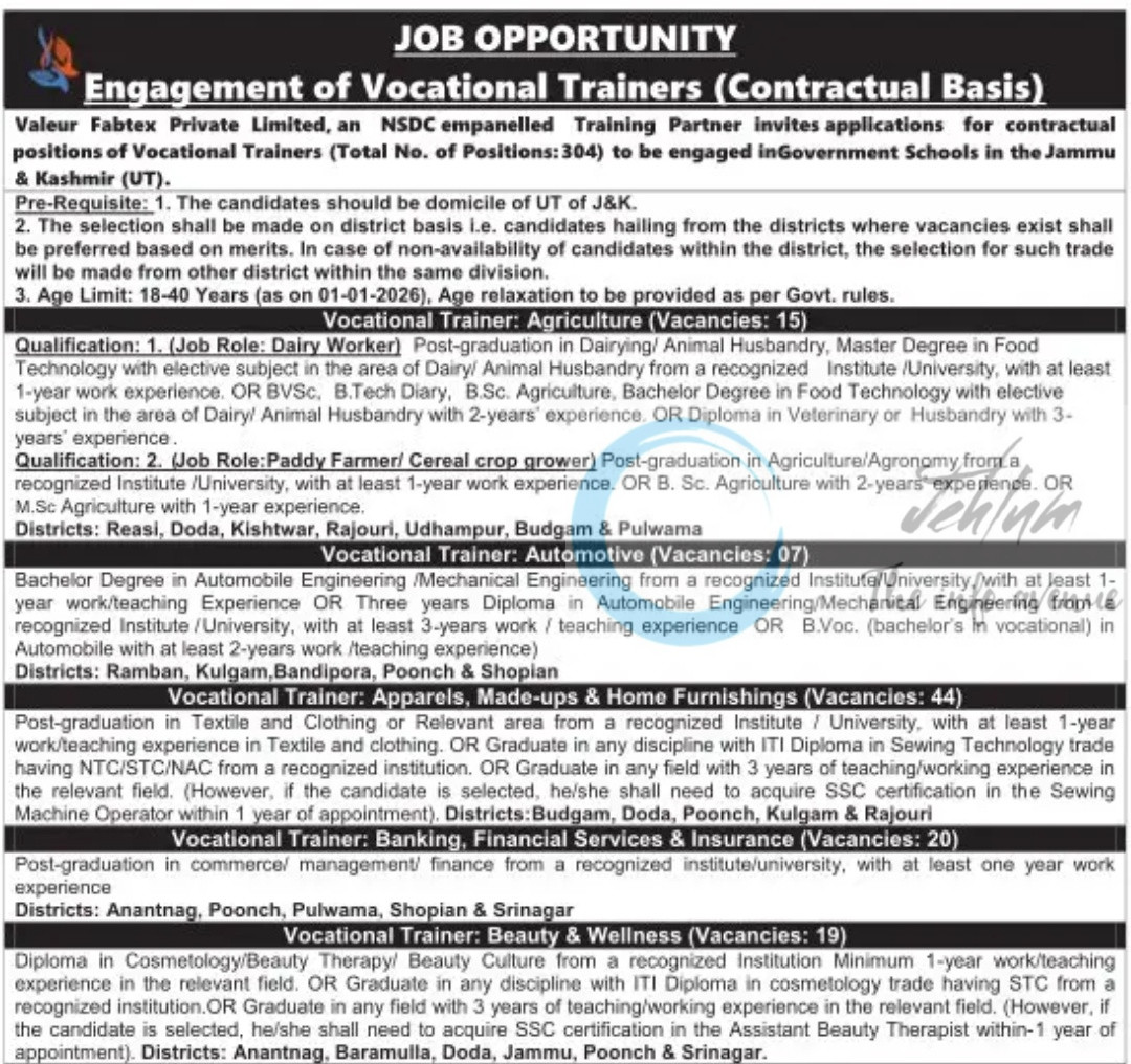 Valeur Fabtex Private Limited VFPL Jammu and Kashmir Vocational Trainers Jobs Recruitment 2026