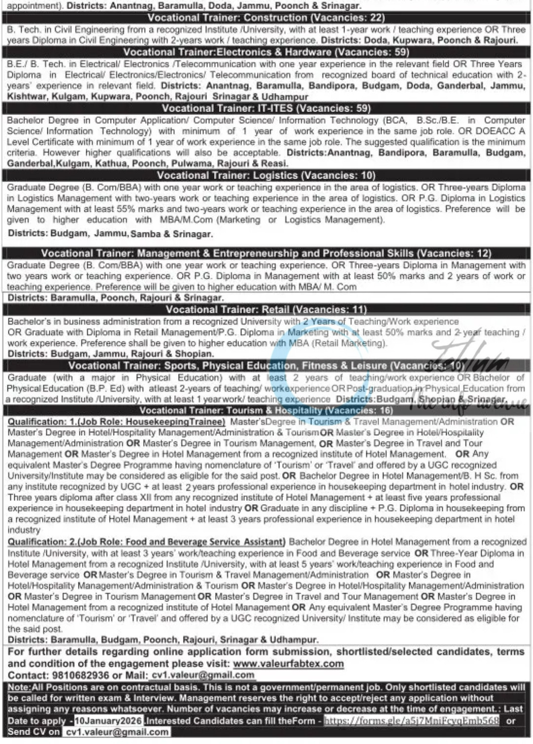 Valeur Fabtex Private Limited VFPL Jammu and Kashmir Vocational Trainers Jobs Recruitment 2026