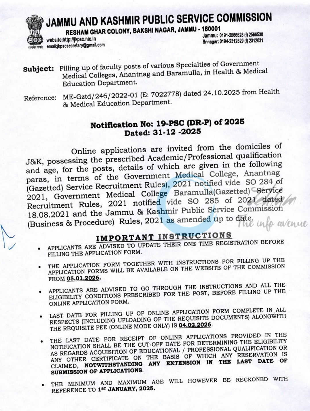 JKPSC GMC Anantnag/Baramulla Assistant Professor Recruitment Advertisement Notice 19-PSC DR-P of 2025