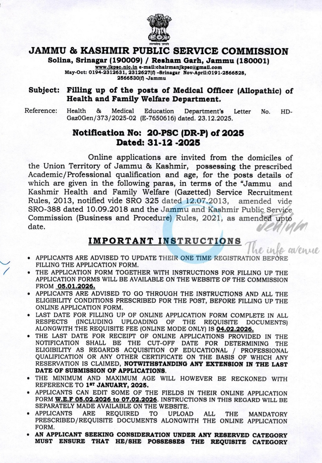 JKPSC Health and Medical Education Deptt Allopathic Medical Officer Recruitment 20 PSC DR P of 2025