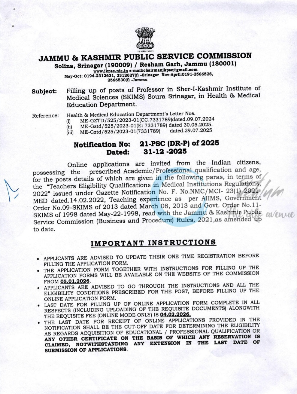 JKPSC SKIMS Soura Srinagar Professor Recruitment Notification 21-PSC DR-P of 2025