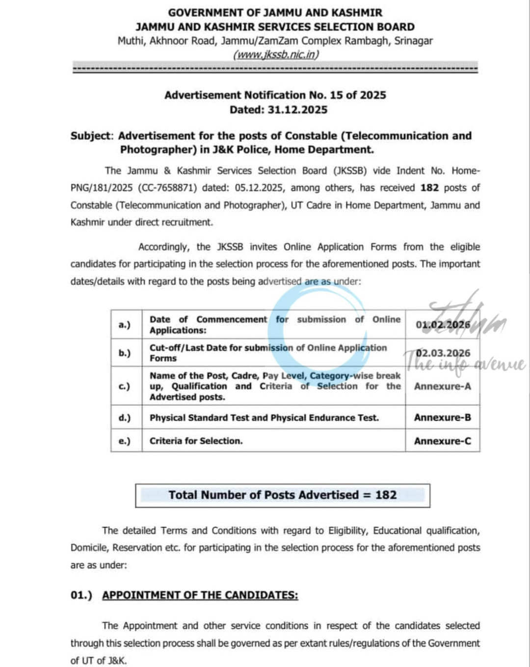 JKSSB Jammu and Kashmir Police Constable Telecommunication and Photographer Jobs Advertisement No 15 of 2025