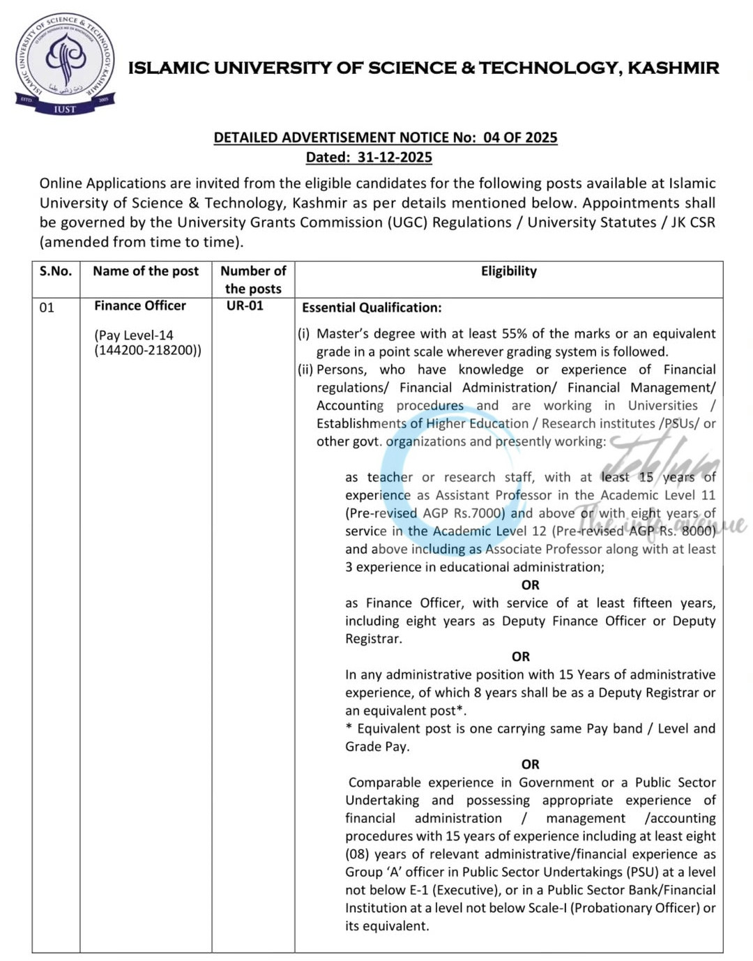 Islamic University of Science Technology IUST Kashmir Finance Officer and Deputy Registrar Recruitment Advertisement 04 of 2025