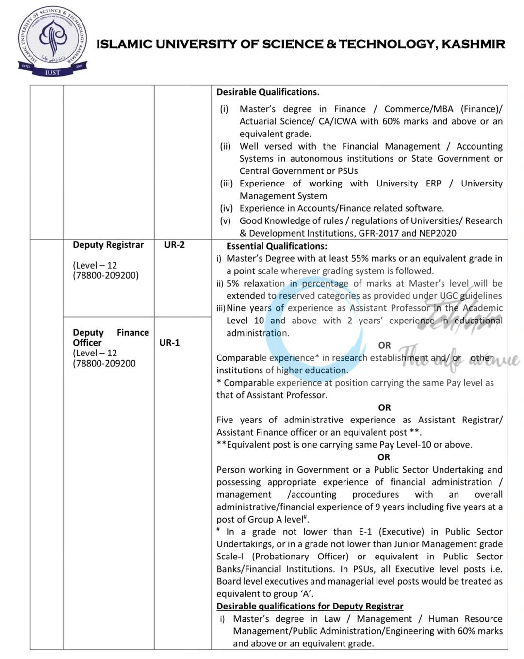 Islamic University of Science Technology IUST Kashmir Finance Officer and Deputy Registrar Recruitment Advertisement 04 of 2025