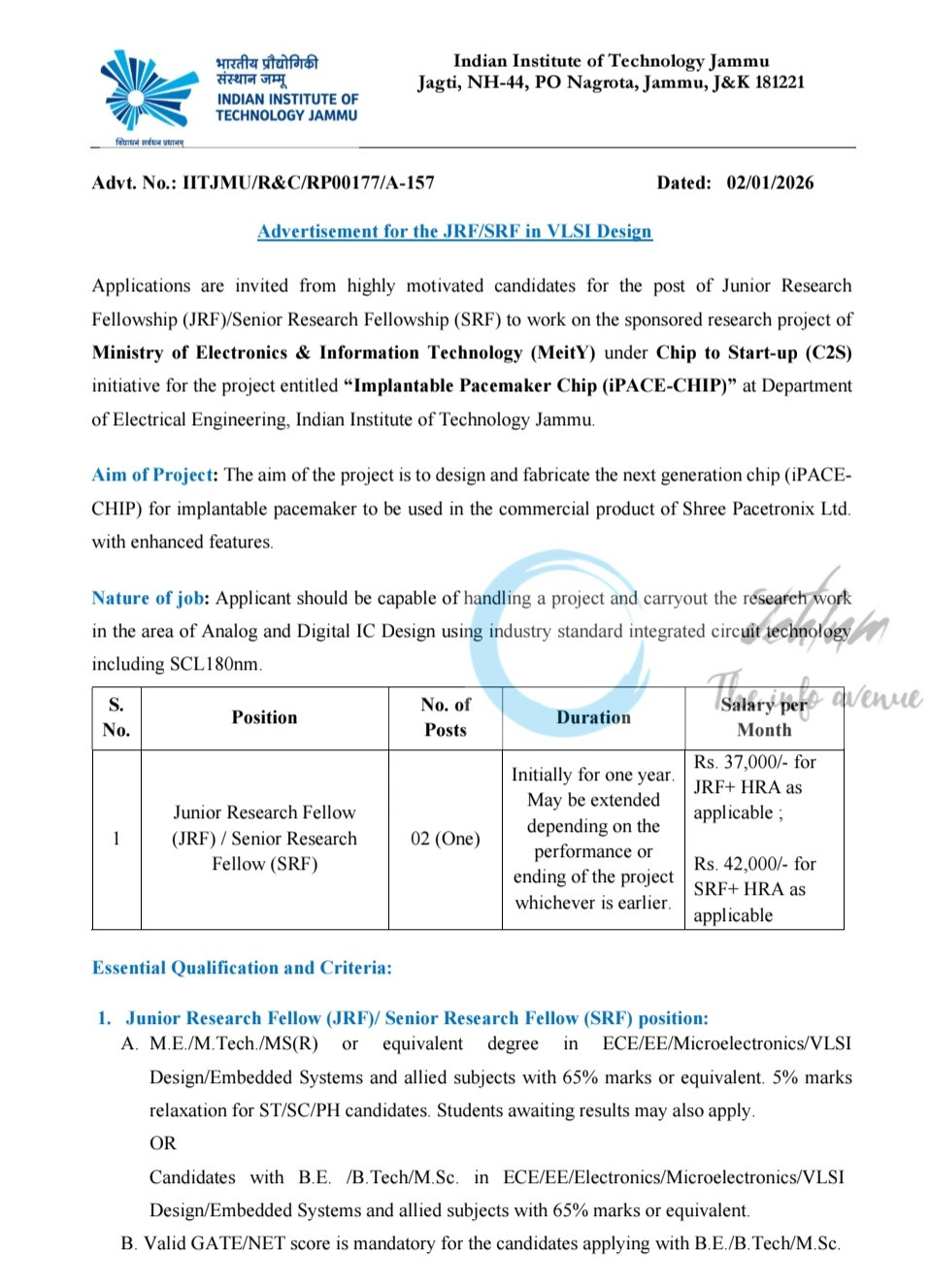 IIT Jammu IITJ Deptt of Electrical Engineering Junior/ Senior Research Fellow JRF/SRF Opportunity 2026