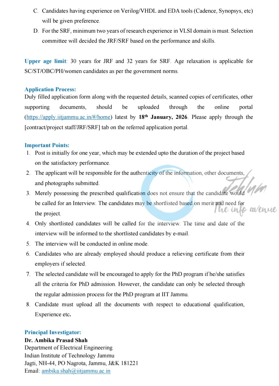 IIT Jammu IITJ Deptt of Electrical Engineering Junior/ Senior Research Fellow JRF/SRF Opportunity 2026 2 IIT Jammu IITJ Deptt of Electrical Engineering Junior/ Senior Research Fellow JRF/SRF Opportunity 2026
