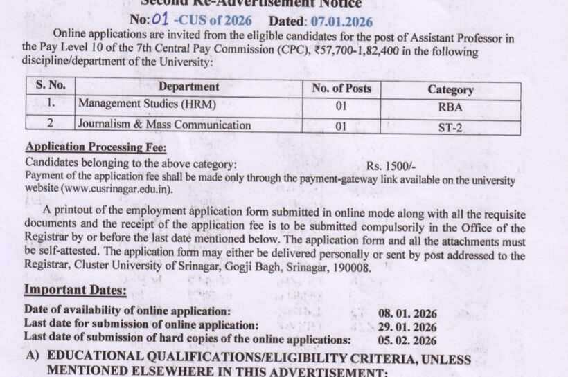 Cluster University of Srinagar CUS Assistant Professor Management and Journalism recruitment 01-CUS of 2026