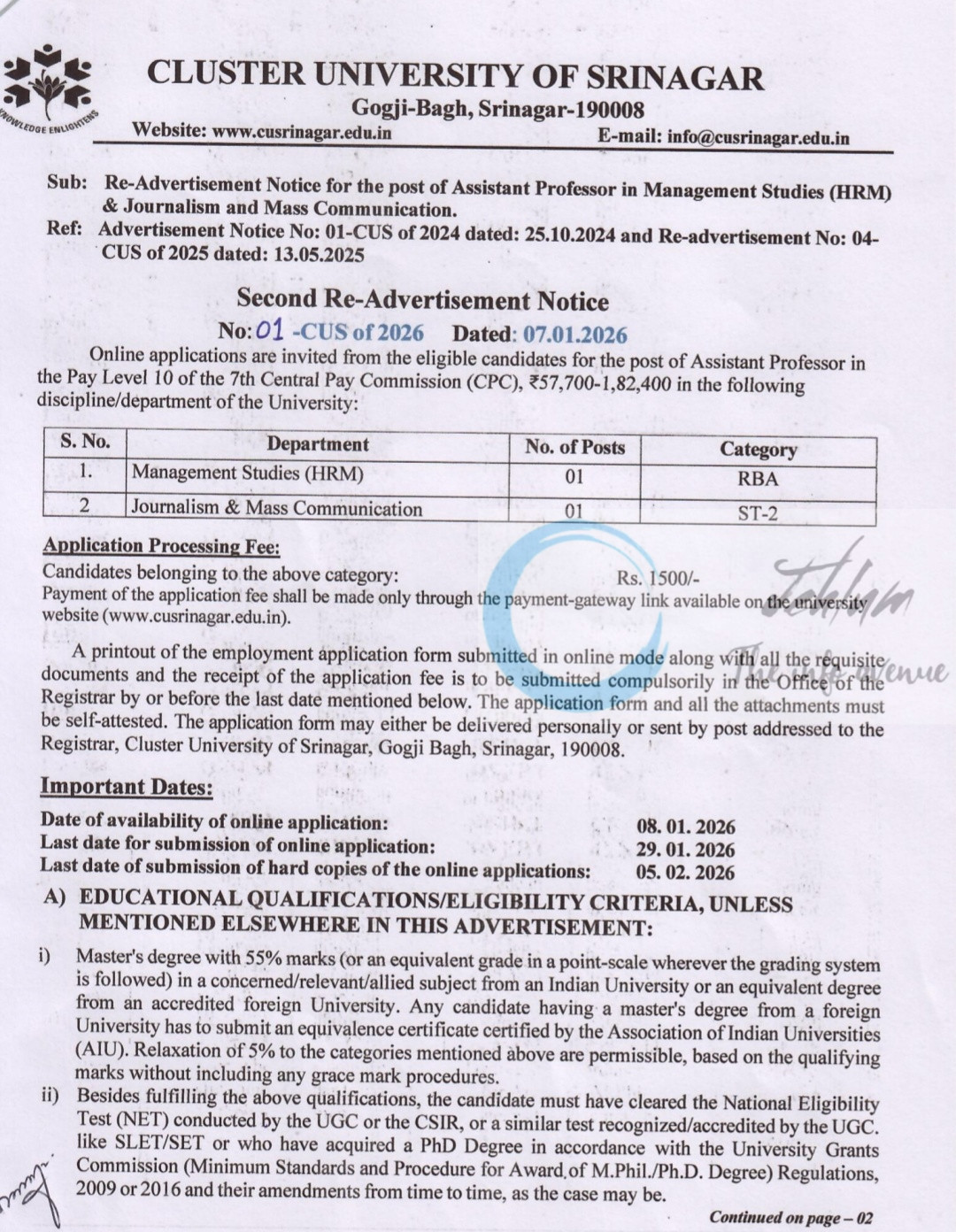 Cluster University of Srinagar CUS Assistant Professor Management and Journalism recruitment 01-CUS of 2026