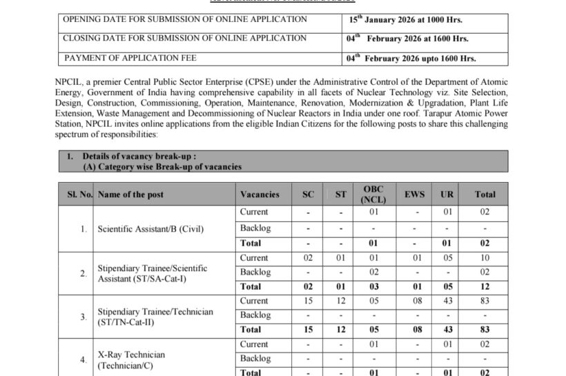 NPCIL Tarapur Recruitment 2026 TMS/HRM/01/2026 Scientific Assistant Stipendiary Trainee and Assistant Grade 1 Posts