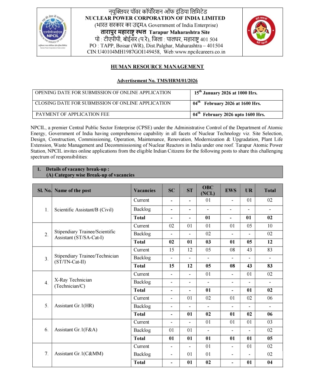 NPCIL Tarapur Recruitment 2026 TMS/HRM/01/2026 Scientific Assistant Stipendiary Trainee and Assistant Grade 1 Posts