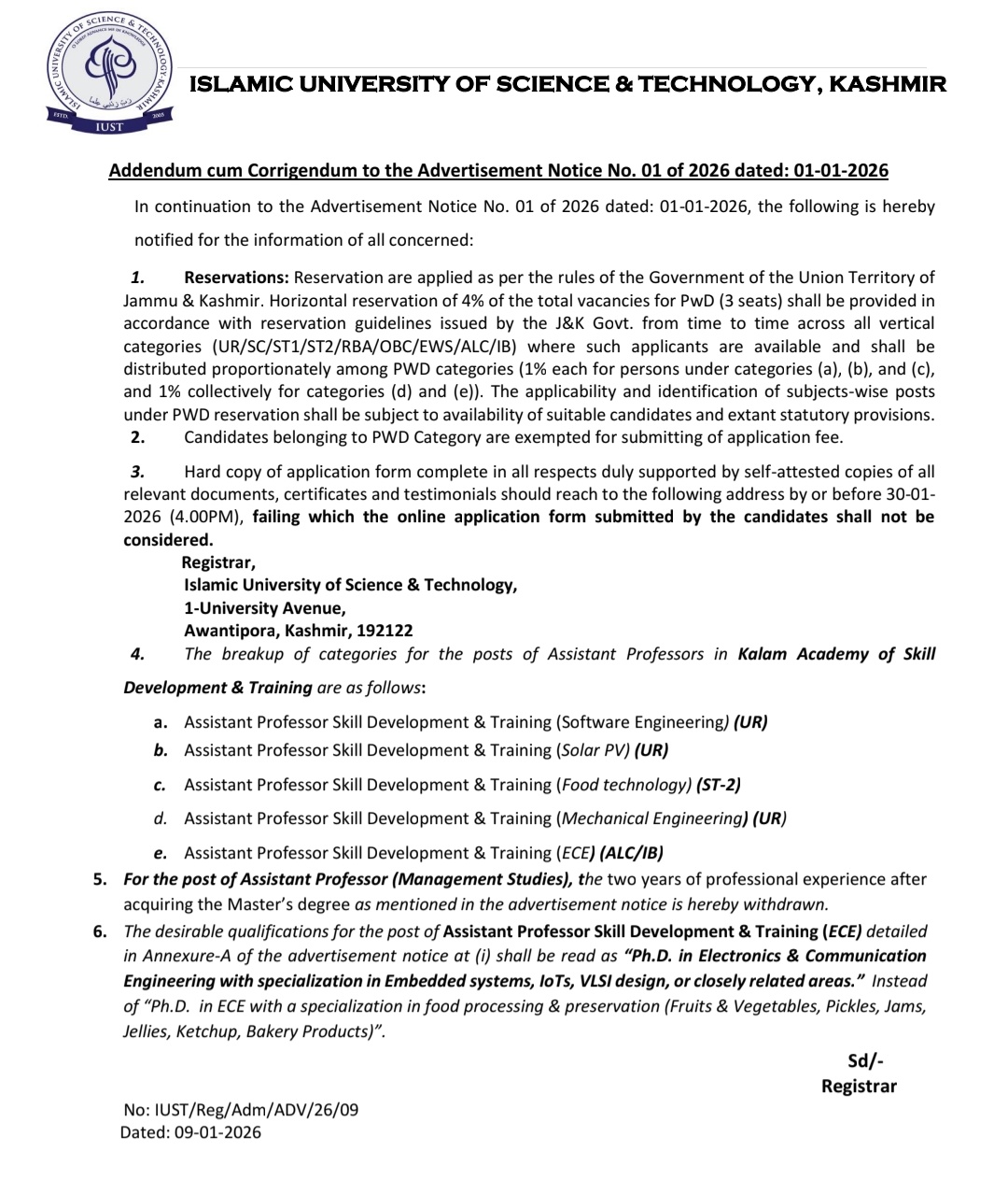 ISLAMIC UNIVERSITY OF SCIENCE AND TECHNOLOGY IUST PULWAMA ASSISTANT PROFESSOR AND ASSOCIATE PROFESSOR EMPLOYMENT OPPORTUNITIES NOTICE 01 of 2026 - Addendum cum Corrigendum