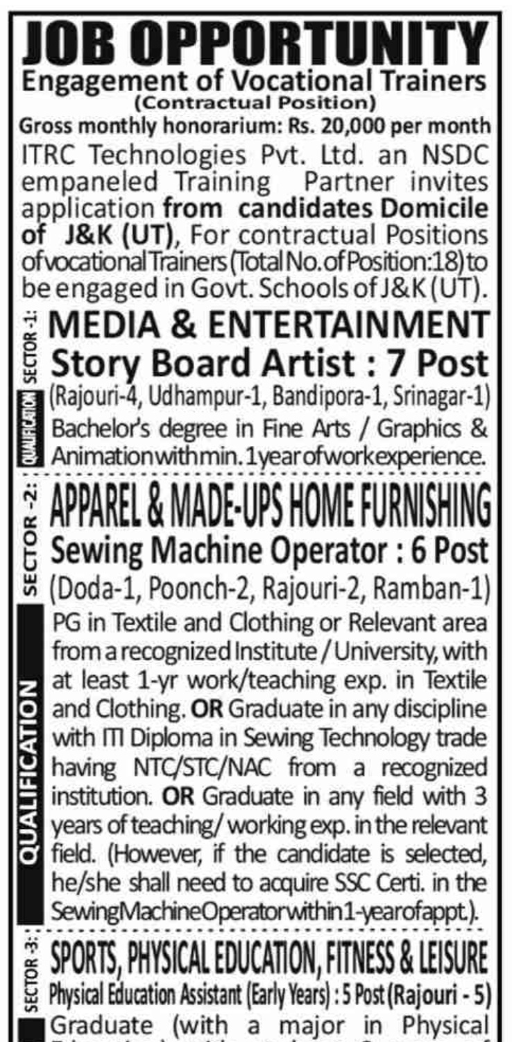 ITRC Technologies Pvt Ltd Jammu and Kashmir Vocational Trainers Recruitment 2026