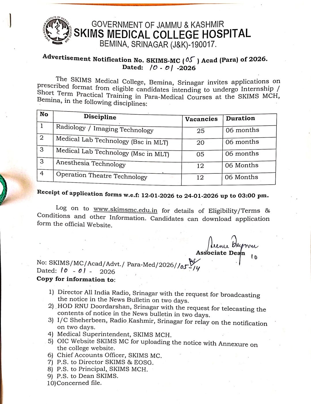 SKIMS Medical College Hospital Bemina Srinagar Paramedical Internship SKIMS-MC/05/Acad/Para of 2026 1 SKIMS Medical College Hospital Bemina Srinagar Paramedical Internship SKIMS-MC/05/Acad/Para of 2026