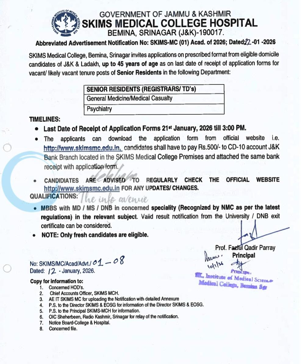 SKIMS Medical College Srinagar Senior Resident and Registrar Vacancies Notification SKIMS-MC 01/Acad of 2025