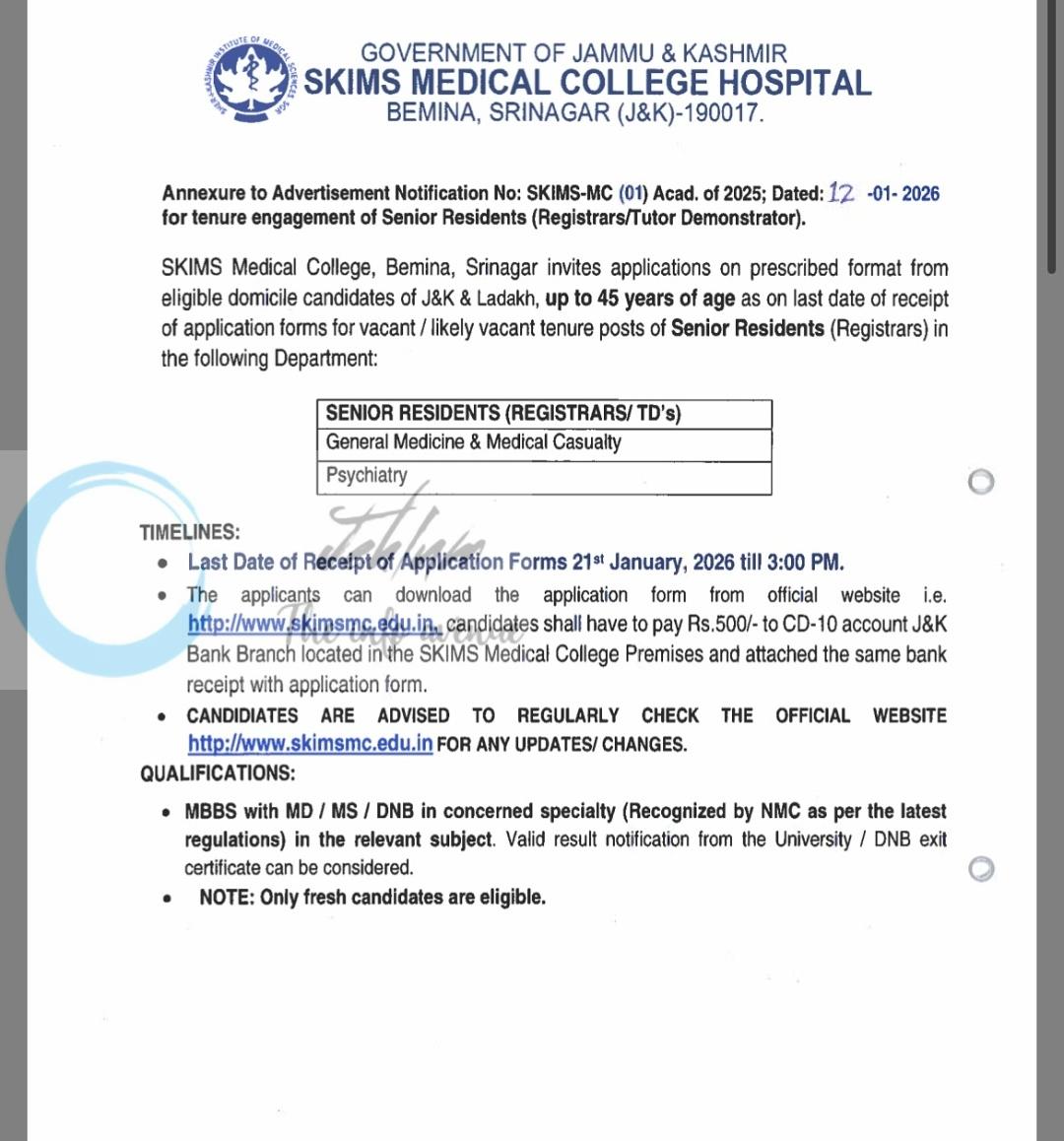 SKIMS Medical College Srinagar Senior Resident and Registrar Vacancies Notification SKIMS-MC 01/Acad of 2025