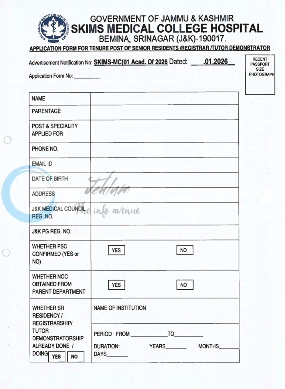 SKIMS Medical College Srinagar Senior Resident and Registrar Vacancies Notification SKIMS-MC 01/Acad of 2025