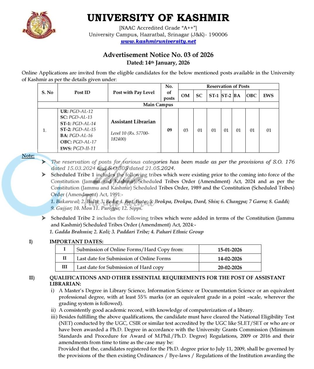 University of Kashmir KU Assistant Librarian Recruitment Advertisement Notice No 03 of 2026