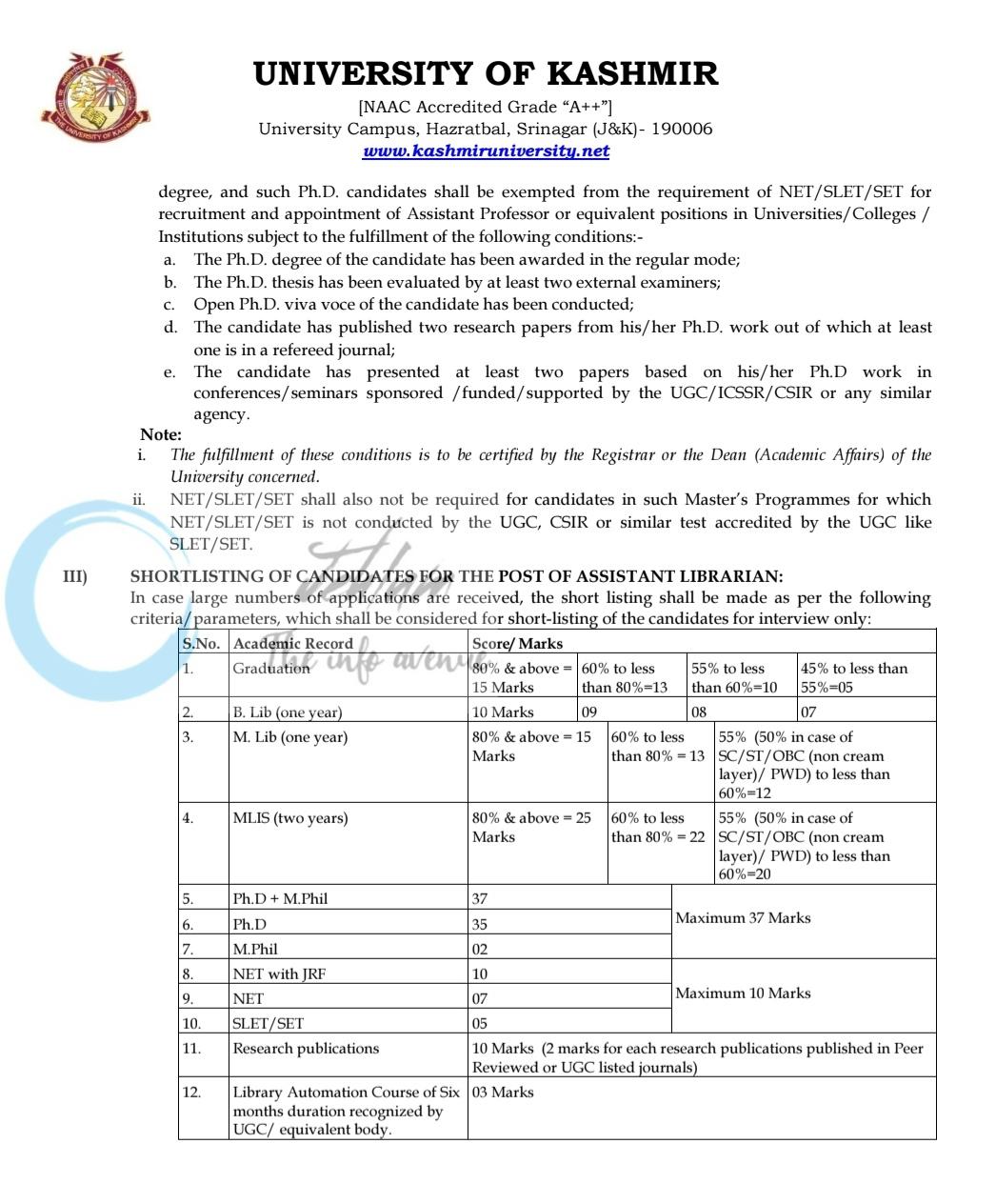University of Kashmir KU Assistant Librarian Recruitment Advertisement Notice No 03 of 2026