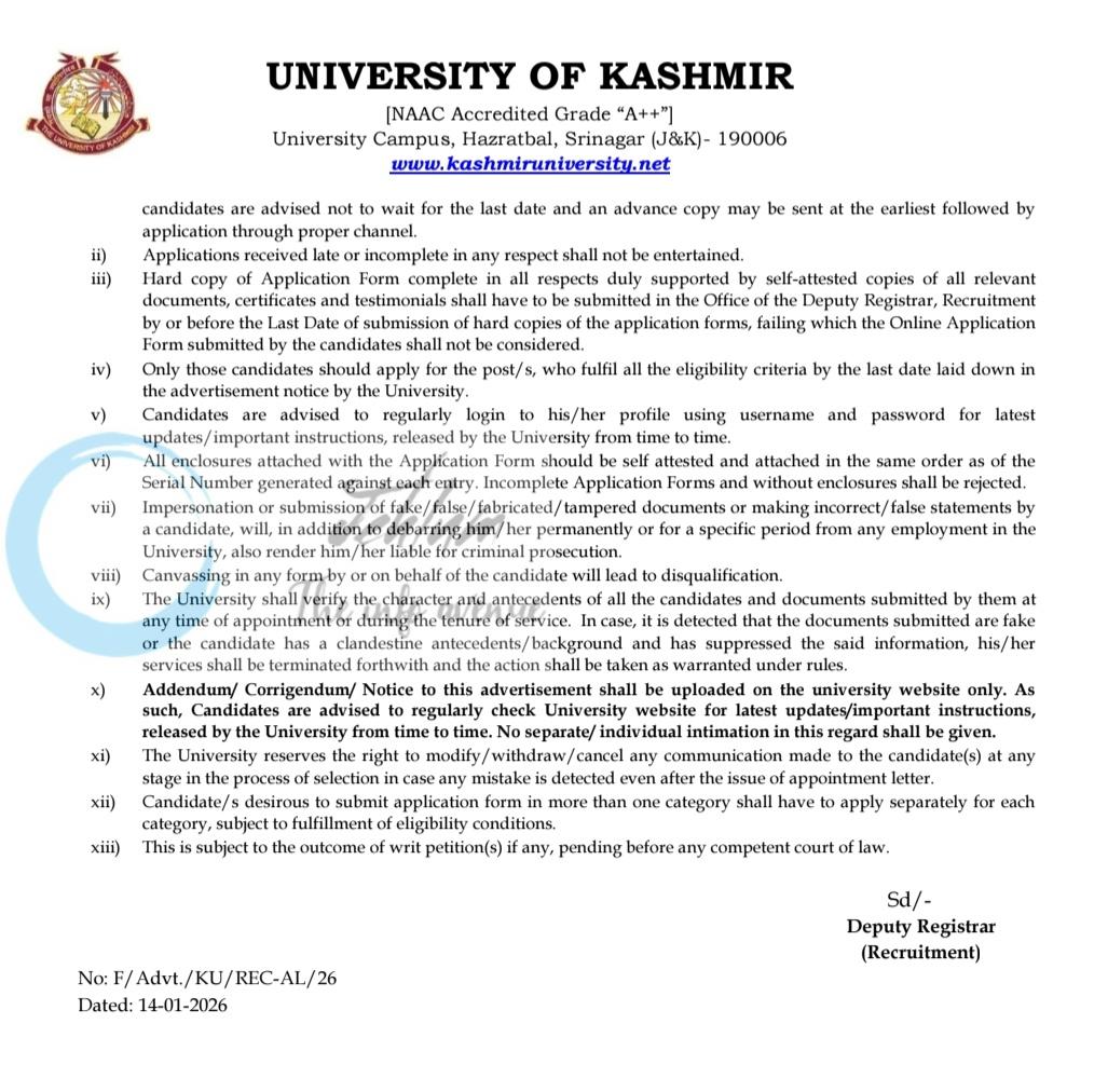 University of Kashmir KU Assistant Librarian Recruitment Advertisement Notice No 03 of 2026