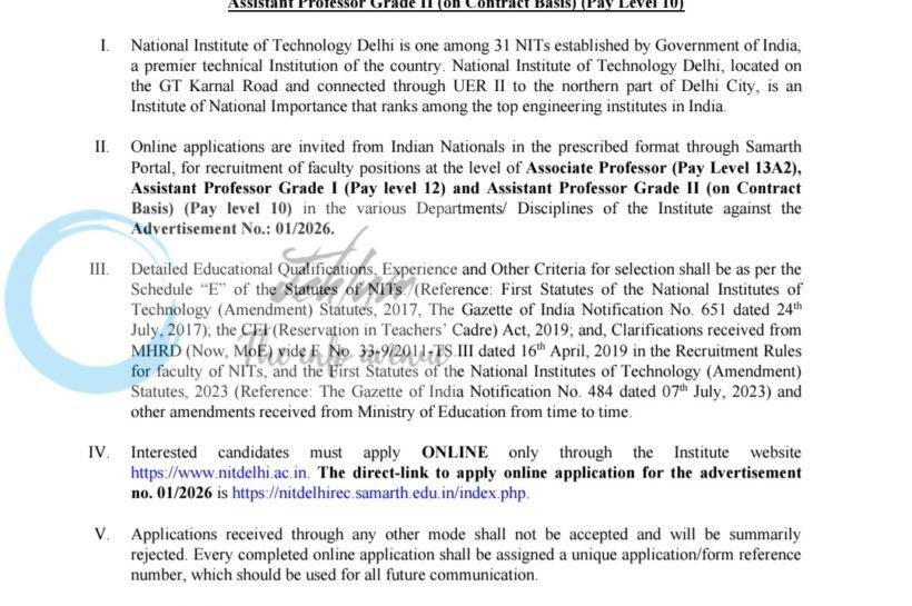 NIT Delhi Faculty Associate Professor and Assistant Professor Recruitment Advertisement 01/2026