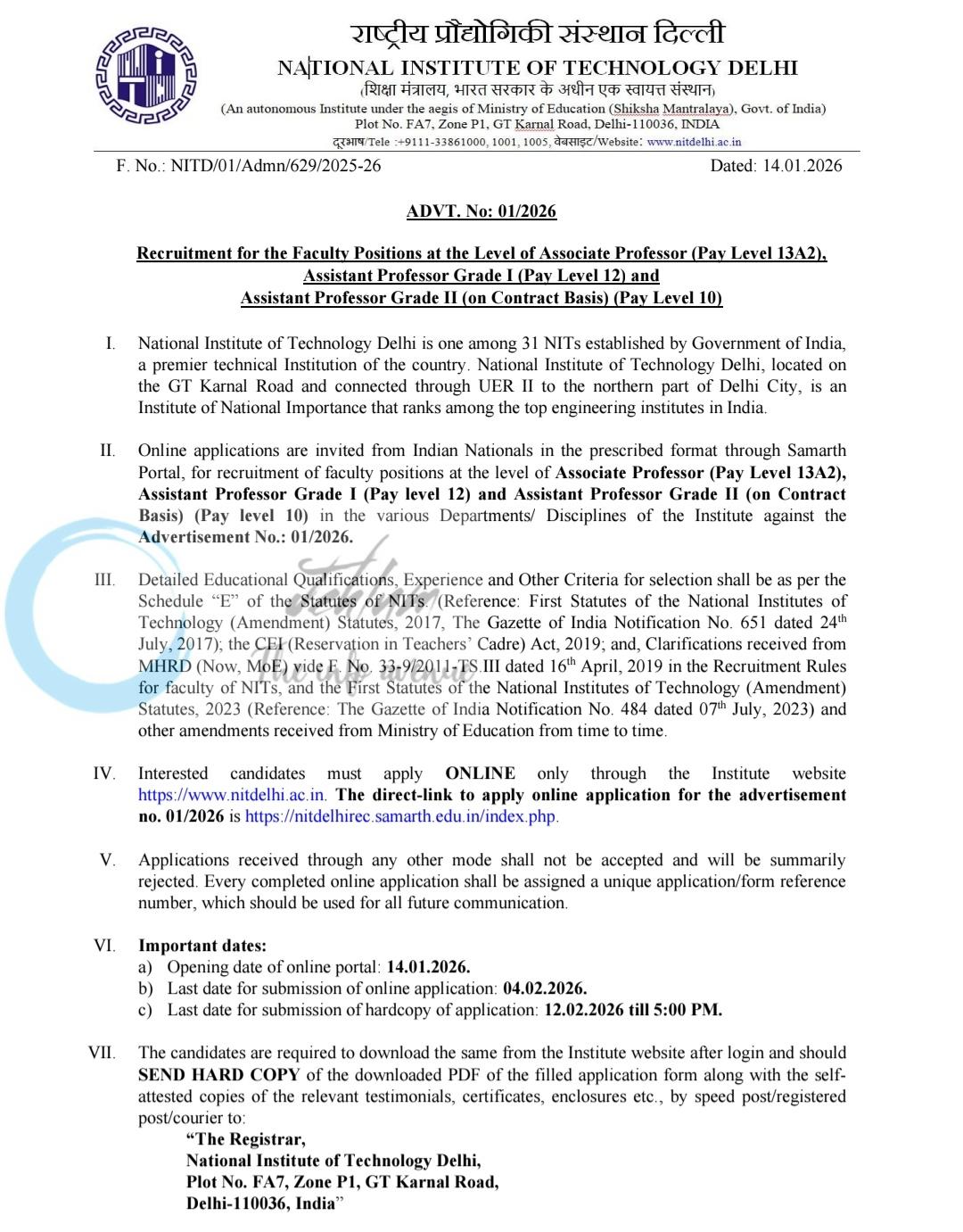 NIT Delhi Faculty Associate Professor and Assistant Professor Recruitment Advertisement 01/2026